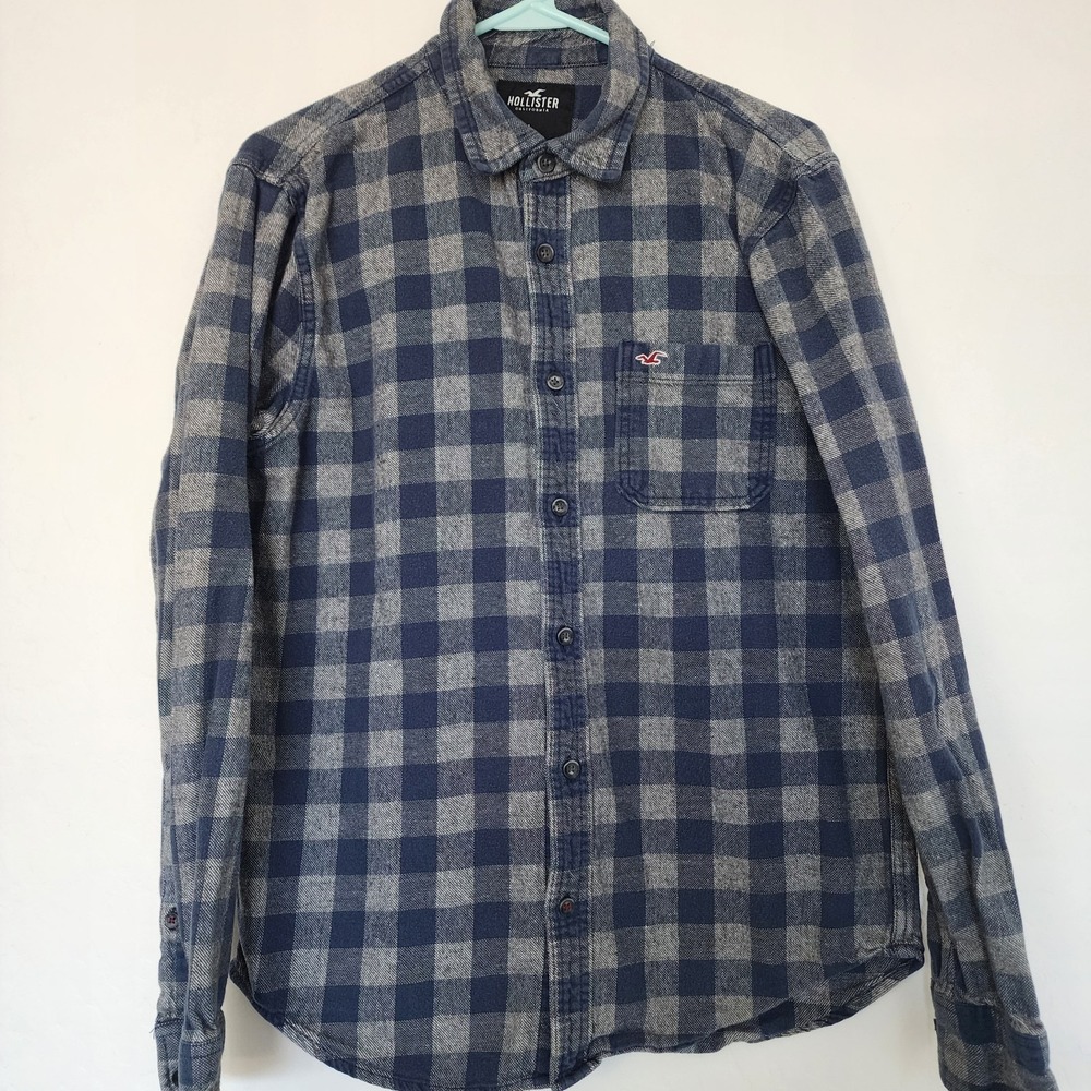 Hollister California Plaid Flannel Shirt Mens Large Blue Gray Button Front Logo - Picture 2 of 10